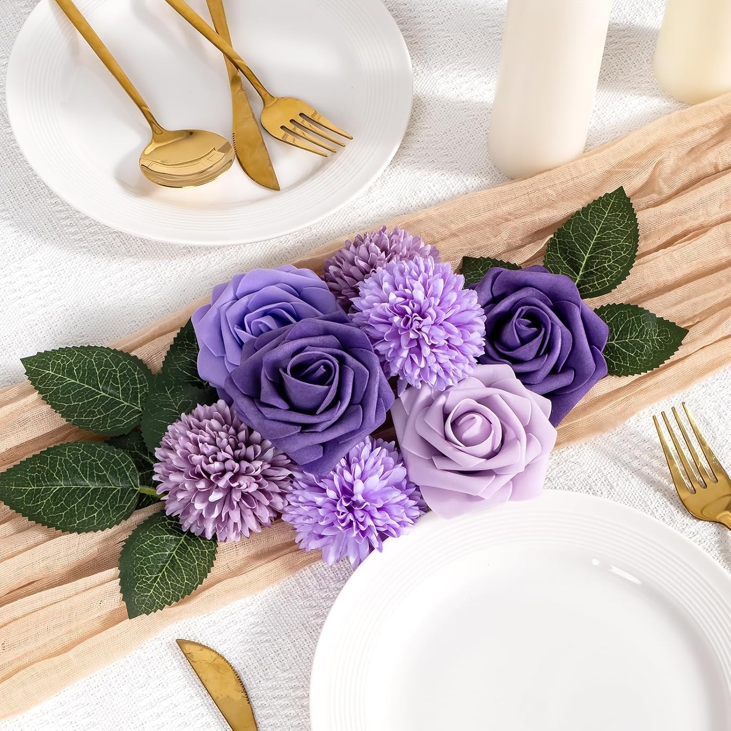 Purple Flower Artificial Roses Faux Flowers With Stems Mix Fake Roses Dahlia Chrysanthemum Ball For Wedding Bridal Bouquets, Table Centerpieces, Baby Shower, Party, Home Decorations