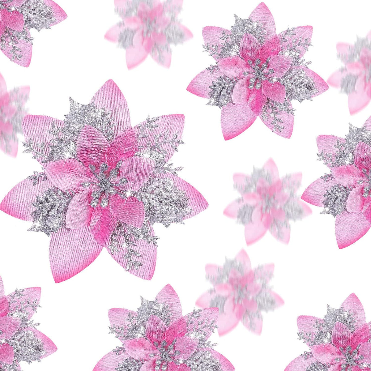 24 Christmas Glitter Artificial Poinsettia Flowers Xmas Poinsettia Artificial Wedding Flowers Decorations Xmas Tree Ornaments With Clips For Party Favors, 6 Inch, 4 Inch, 3 Inch (Pink And Silver)