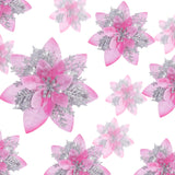 24 Christmas Glitter Artificial Poinsettia Flowers Xmas Poinsettia Artificial Wedding Flowers Decorations Xmas Tree Ornaments With Clips For Party Favors, 6 Inch, 4 Inch, 3 Inch (Pink And Silver)