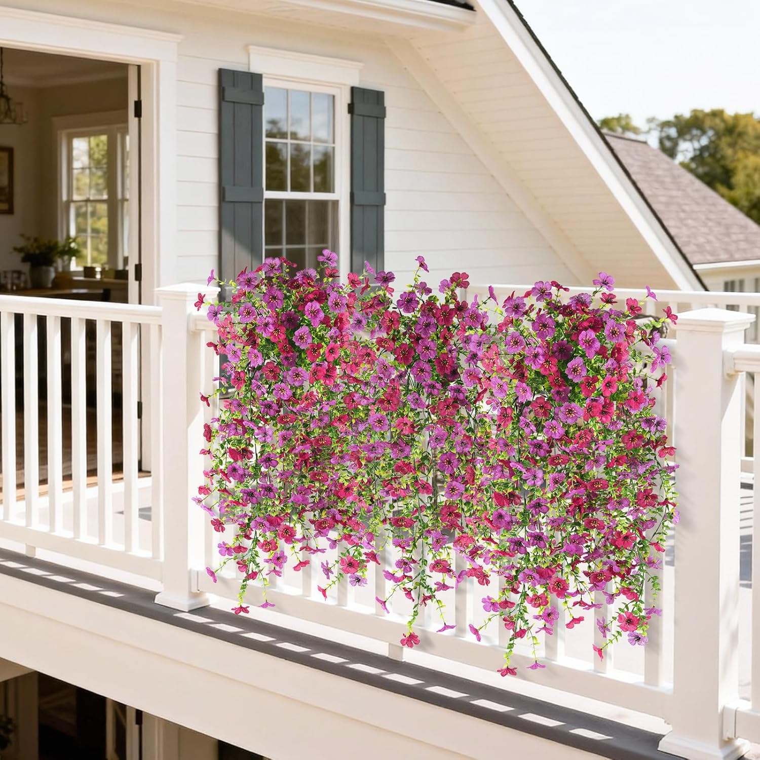 Artificial Hanging Flowers For Outdoor, 2Pcs Fake Flowers Faux Silk Daisy With Eucalyptus Leaves, Uv Resistant Aritificial Flowers For Spring Home Patio Yard Porch Decor (Light Purple Red)