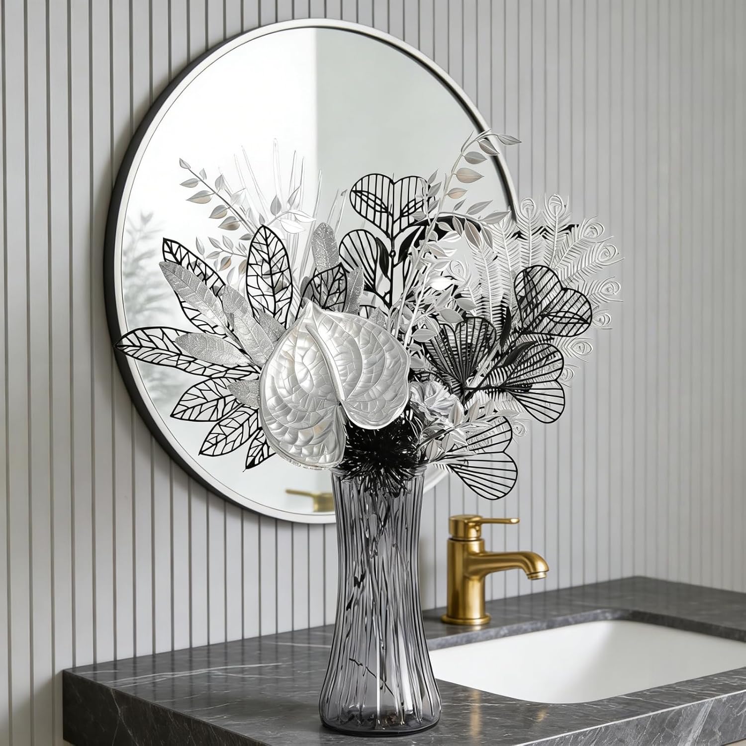 Modern Silver & Black Artificial Flower Bouquet - Metallic Faux Floral Arrangement For Home Decor, Bathroom/Table Centerpiece, Minimalist Decorative Fake Plants