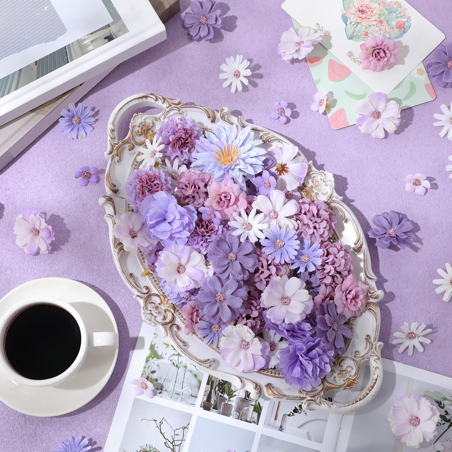 100 Pcs Fake Flower Heads For Crafts Mini Flower Heads Faux Rose Artificial Daisy Blossom Decorative Flowers For Home Bride Bridesmaid Wedding Centerpieces, 2-7 Cm(Purple)
