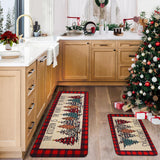 Buffalo Plaid Christmas Tree Merry Christmas Kitchen Mats Set Of 2, Xmas Winter Home Decor Low-Profile Kitchen Rugs For Floor,Red Christmas Kitchen Mats For Floor 17X30+ 17X47 Inch