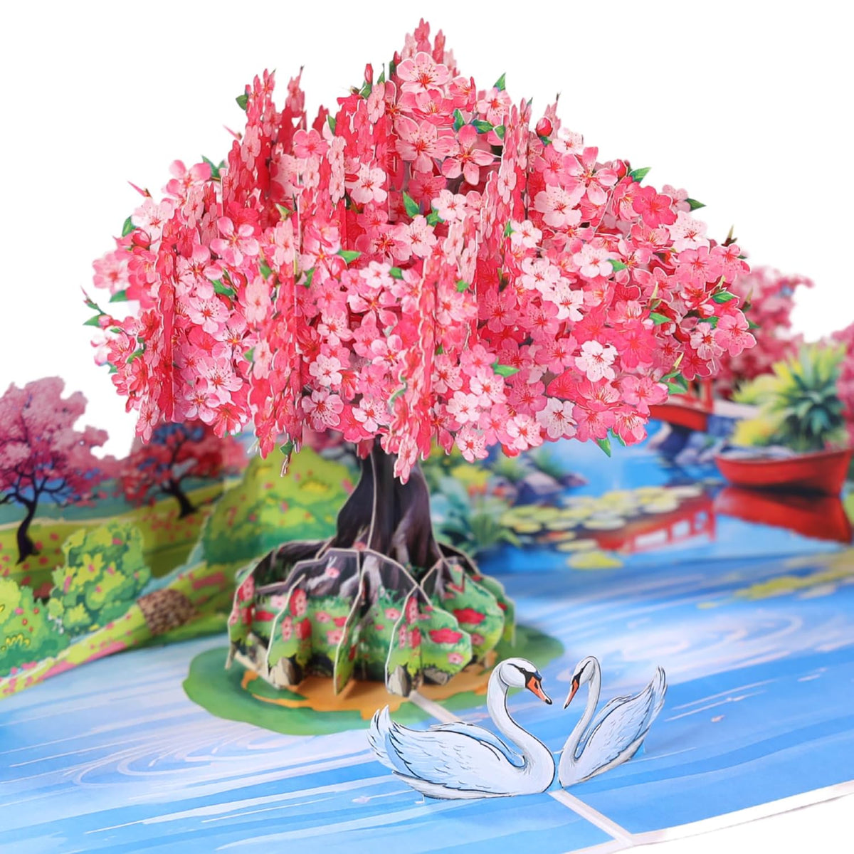 Cherry Blossom Tree Pop Up Cards, 3D Swans Couple Anniversary, Birthday Cards 6"X 8", Gift For Birthday, Wedding, Valentines, Thank You, All Occasion For Women, Wife, Mom, Her, Girlfriend, Daughter