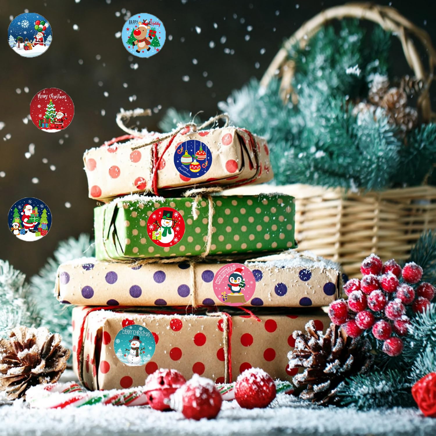 1000 Pcs Christmas Stickers Roll - 1 Inch Self Adhesive Envelope & Round Stickers For Xmas Party Supplies, Holiday Greetings