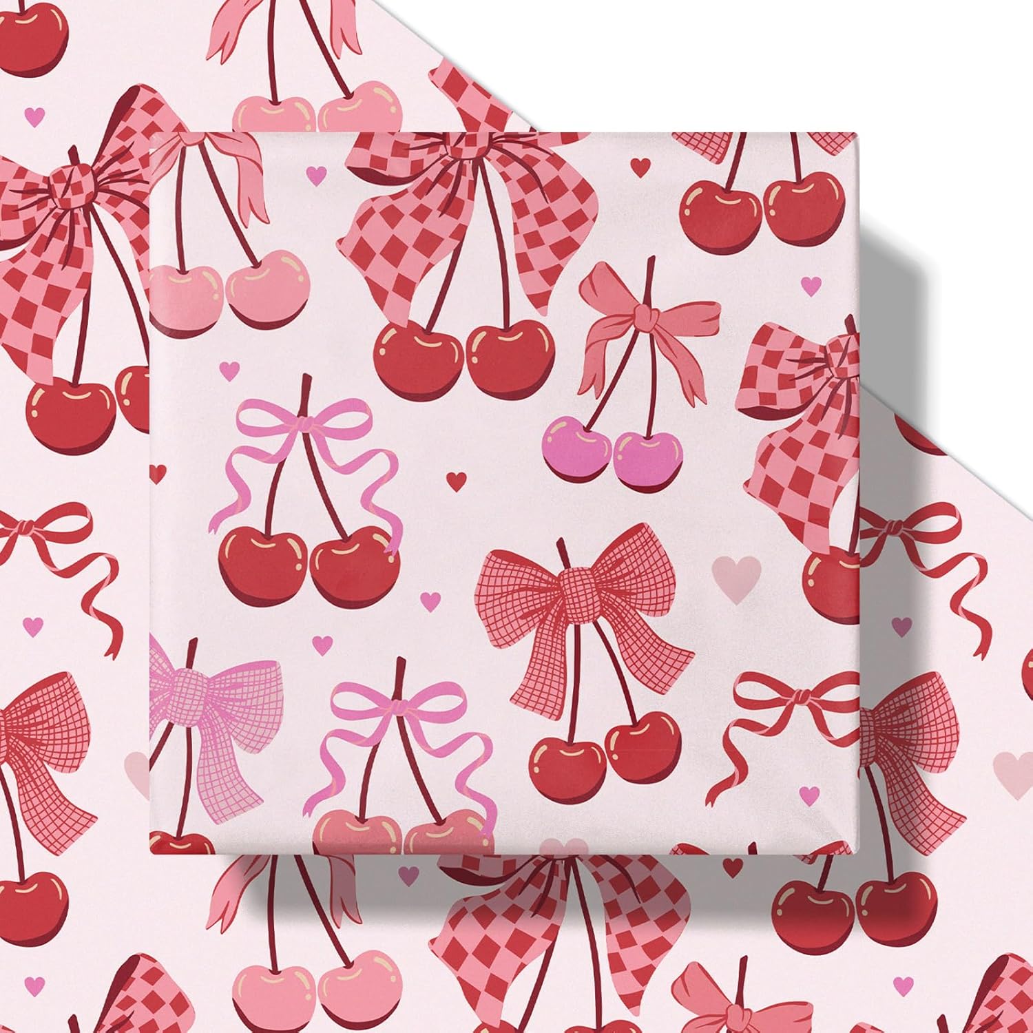 Cherry Bow Wrapping Paper Roll, Mini Roll, Romantic Cherry Bow Tie Ribbon Gift Wrap, Pink And Red Wrap Paper For Girl Birthday, Valentine'S Day, Bachelorette, Anniversary, 17 Inch X 9.8 Feet