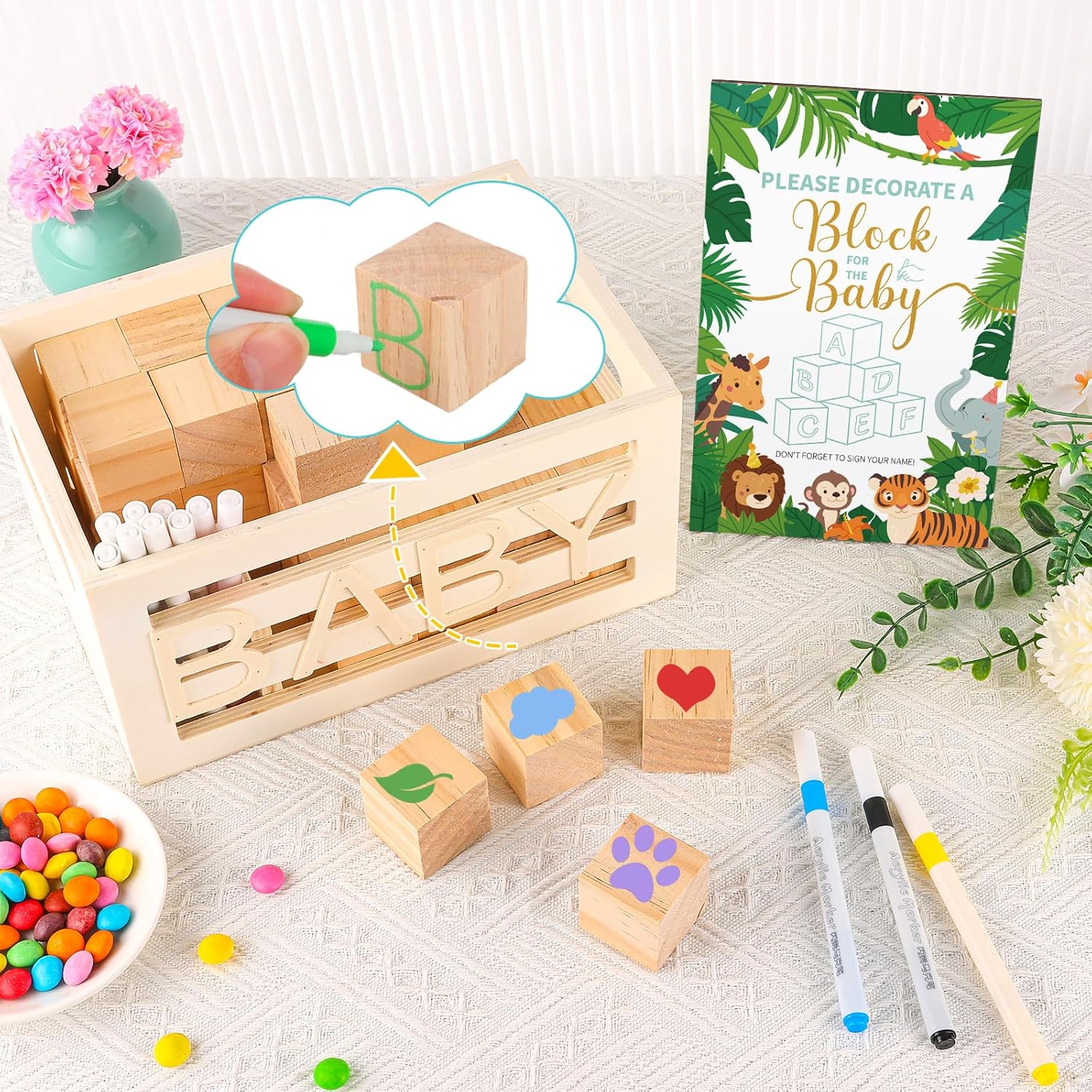 71 Pcs Baby Shower Games Blocks Include 57 Wooden Blank Blocks, 24 Marker, A Block Game Sign And A Blocks Box For Baby Shower Favors Games Prizes Boy And Girls Gender Reveal Party Game