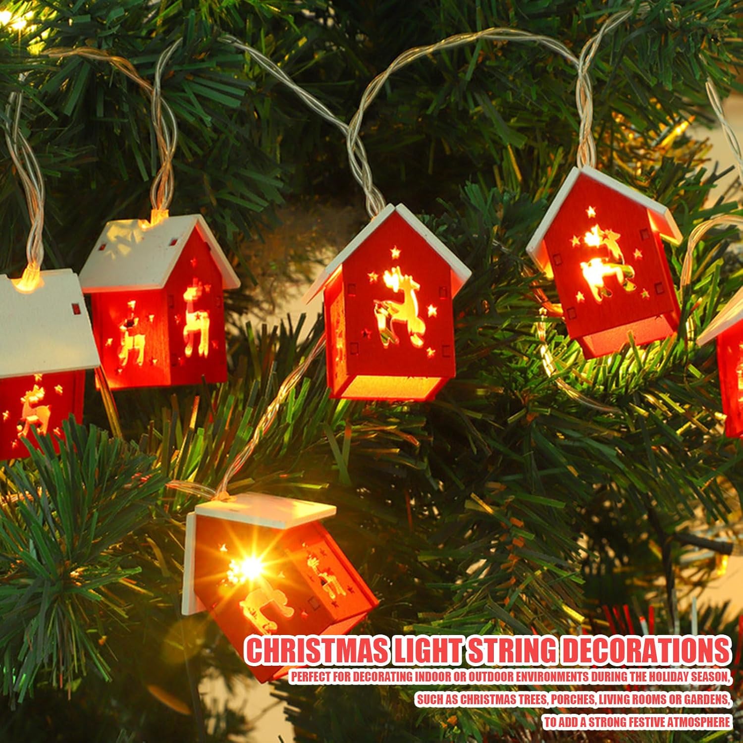 Christmas Lights, 6.56 Ft 10 Led Christmas Wooden House String Lights Battery Operated Xmas Tree Hanging Ornament Lights