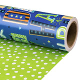 Reversible Boys Birthday Wrapping Paper Roll, Mini Roll, Blue Happy Birthday Letters And Green Polka Dot Design Gift Wrap Paper For Kids Boys, Holiday 17 Inches X 16.4 Feet