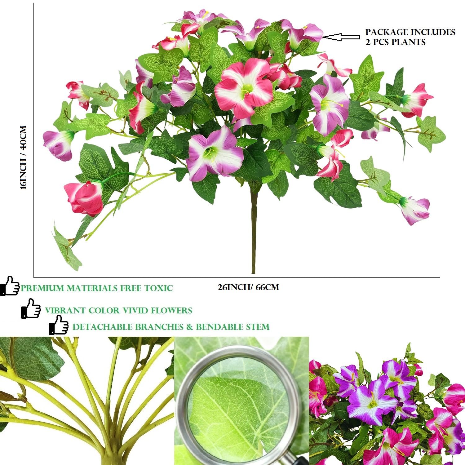 Artificial Flowers-Outdoors 2Pcs Spring Faux Morning Glory Look Real Silk Flowers For Outside Planter Uv Resistant Fake Flowers For Home Garden Balcony Yard Porch Deco Faux Petunias Flower