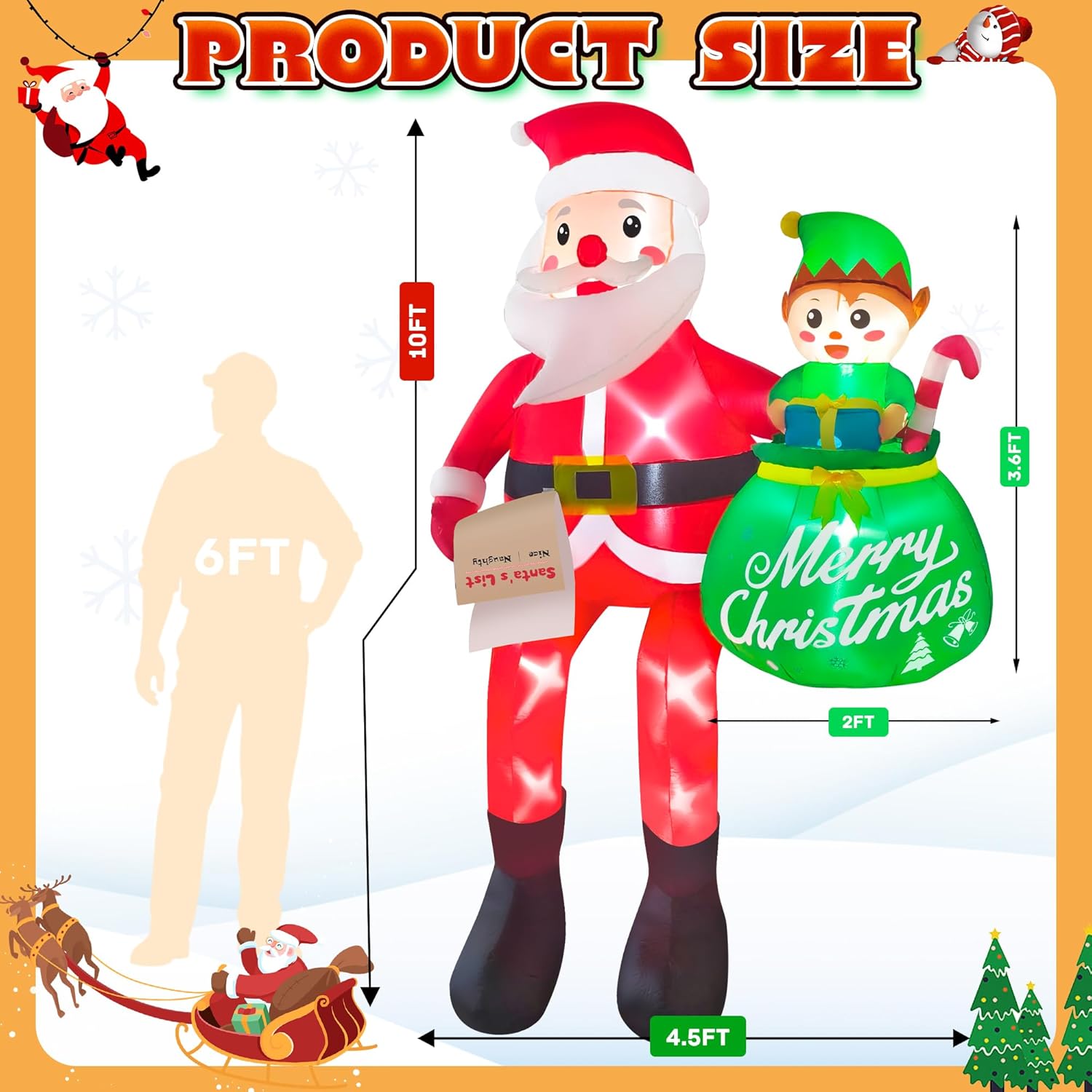 10 Ft Christmas Inflatables Santa Claus, Christmas Blow Up Yard Decorations With Built-In Leds & Elf, Climbing Santa Inf