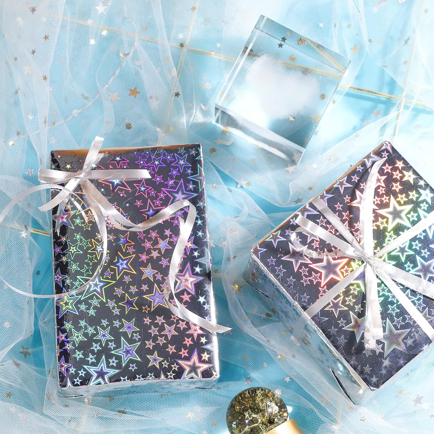 Holographic Foil Wrapping Paper - Mini Roll - 17 Inch X 32.8 Feet- Metallic Silver Foil Stars For Birthday,Wedding,Baby Shower,Party All Occassions (47.3 Sq.Ft.Ttl)