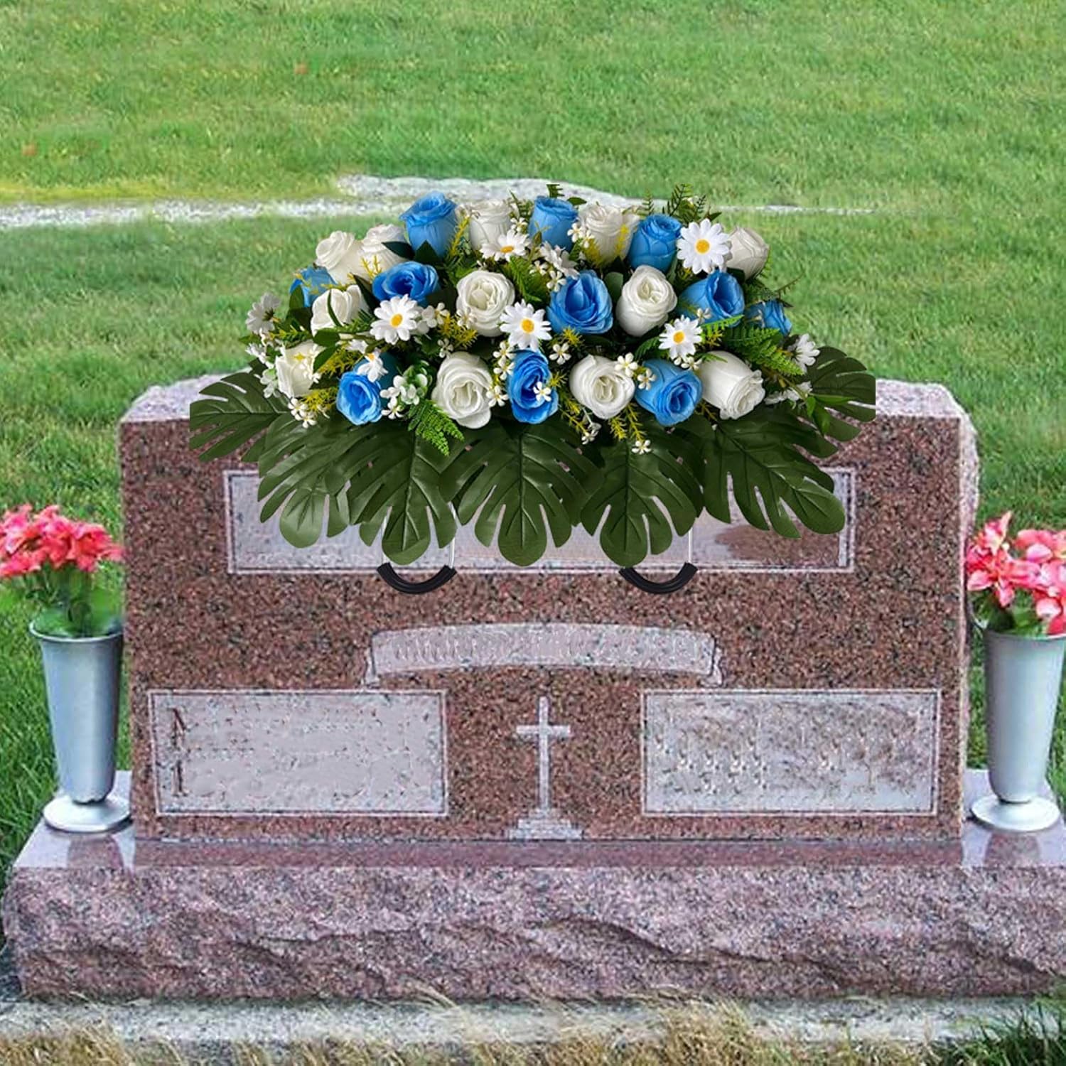 Artificial Cemetery Flowers - Mixed Artificial Roses And Daisies Saddle Flowers For Headstone