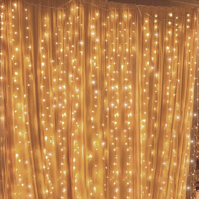 300 LED Curtain String Lights Plug In Warm White Fairy Lights 8 Modes for Bedroom Wedding Party Window Wall Decor