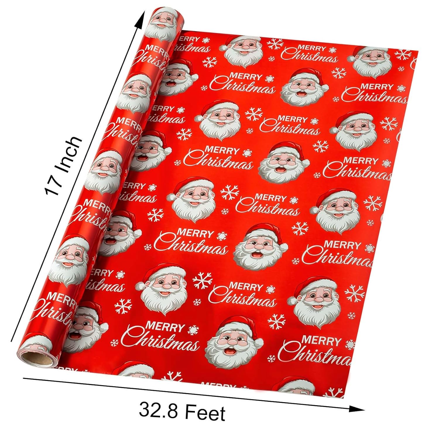 Christmas Wrapping Paper Roll - 17 Inches X 32.8 Feet Red White Metallic Foil Shine Cute Present Packing Paper - Santa Claus/Snowflakes/Merry Christmas Lettering Design