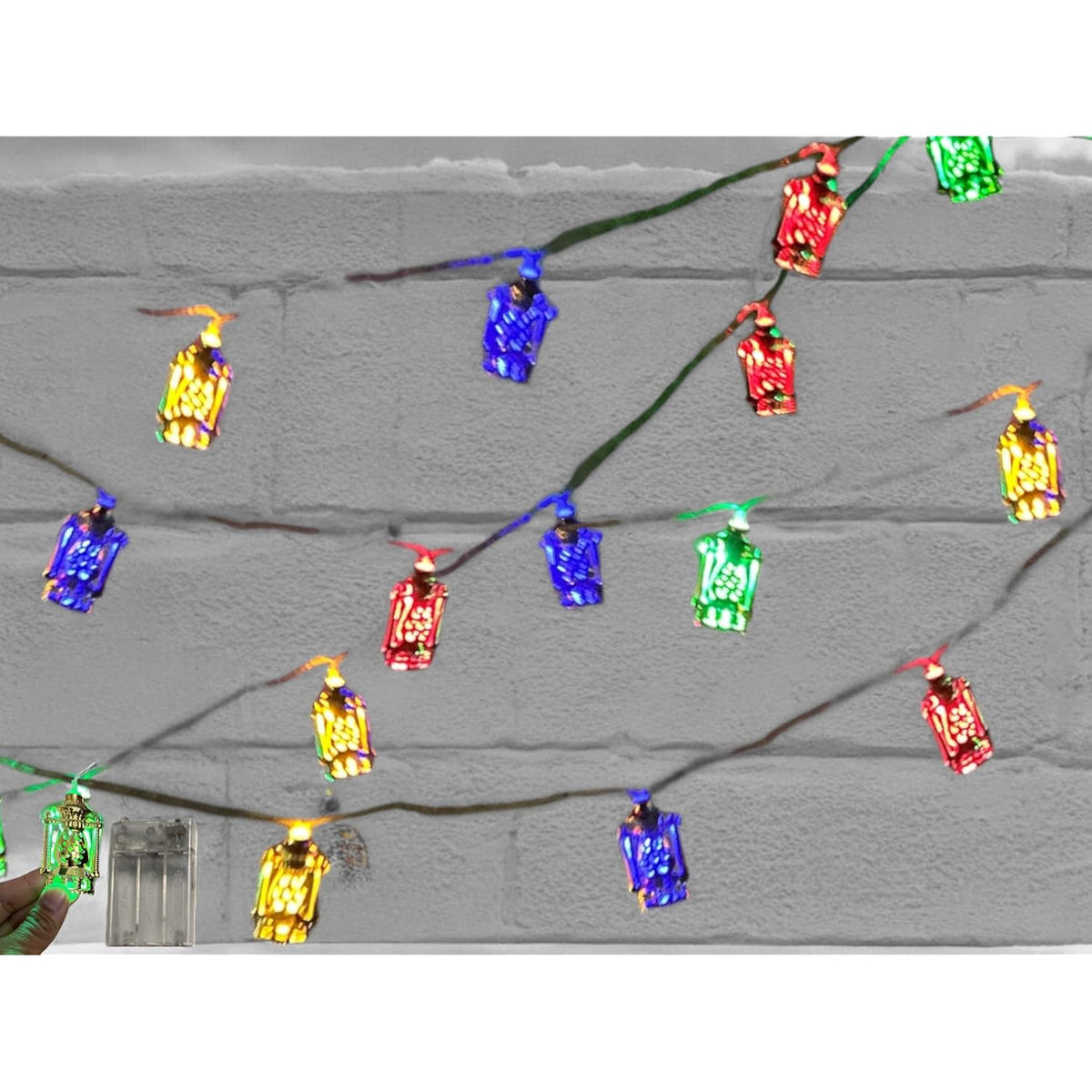 Housewarming Eid String Lights Bundle - 2 Sets Of 10Pc Gold Traditional Lanterns, Multi-Color Led Indoor Battery Lights 5~6Ft Long (20 Total, 2Xlantern Led)