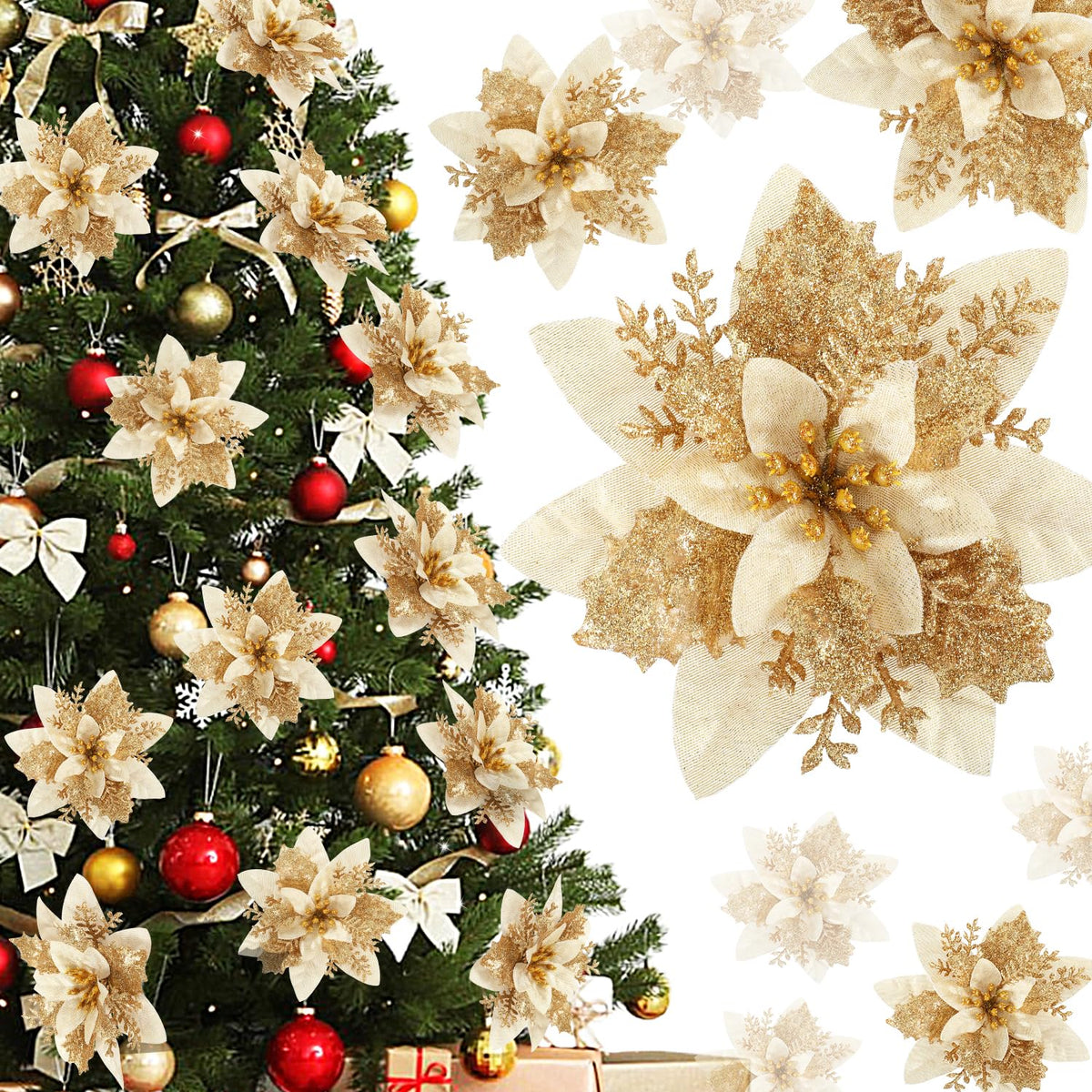 Poinsettia Christmas Flowers Decoration -12Pcs Artificial Red Gold Poinsettia Christmas Tree Ornaments Glittery For Xmas New Year Wedding Party Wreath Diy Garland Decor (Gold)