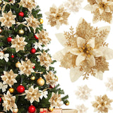 Poinsettia Christmas Flowers Decoration -12Pcs Artificial Red Gold Poinsettia Christmas Tree Ornaments Glittery For Xmas New Year Wedding Party Wreath Diy Garland Decor (Gold)