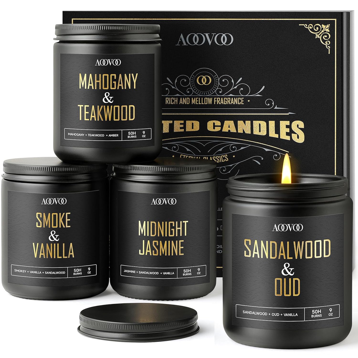 Scented Candles For Men - 4 Pack Candles For Home Scented, 36Oz Soy Wax, 200 Hour Burn Time, Men Candle Set, Sandalwood Oud/Mahogany Teakwood/Smoke Vanilla/Jasmine Candle Set A