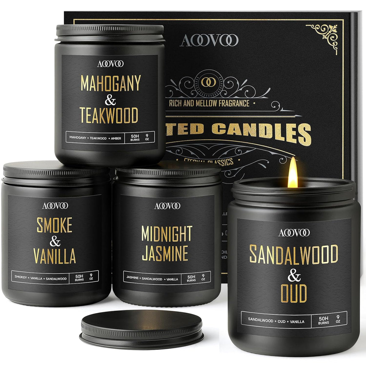 Scented Candles For Men - 4 Pack Candles For Home Scented, 36Oz Soy Wax, 200 Hour Burn Time, Men Candle Set, Sandalwood Oud/Mahogany Teakwood/Smoke Vanilla/Jasmine Candle Set A