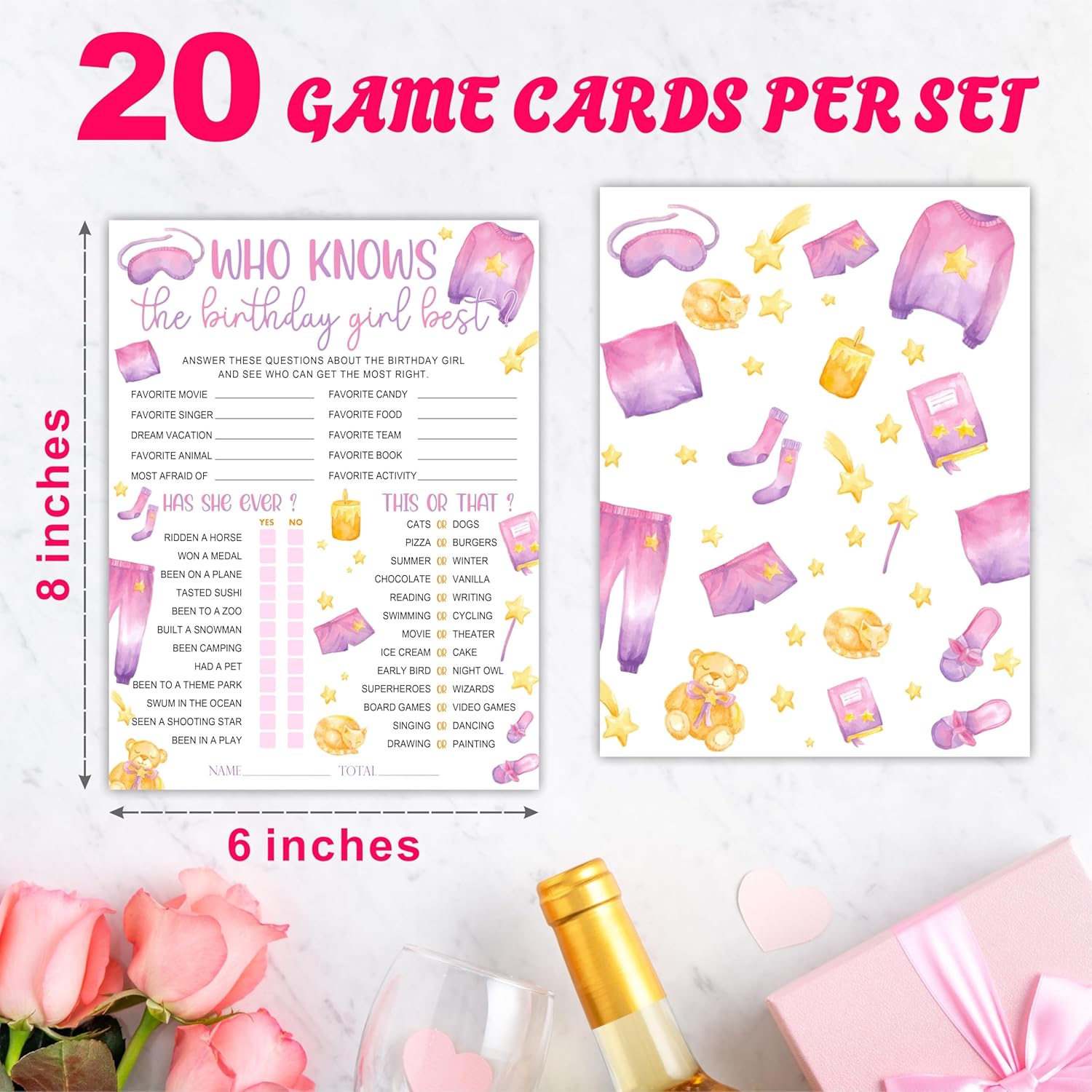 6"X8" Who Knows The Birthday Best - Watercolor Girl'S Slumber Party - Funny Double-Sided 3-In-1 Game Card Set For Birthday Party, Sleepover Party Activities Supplies (20 Pcs)- A06