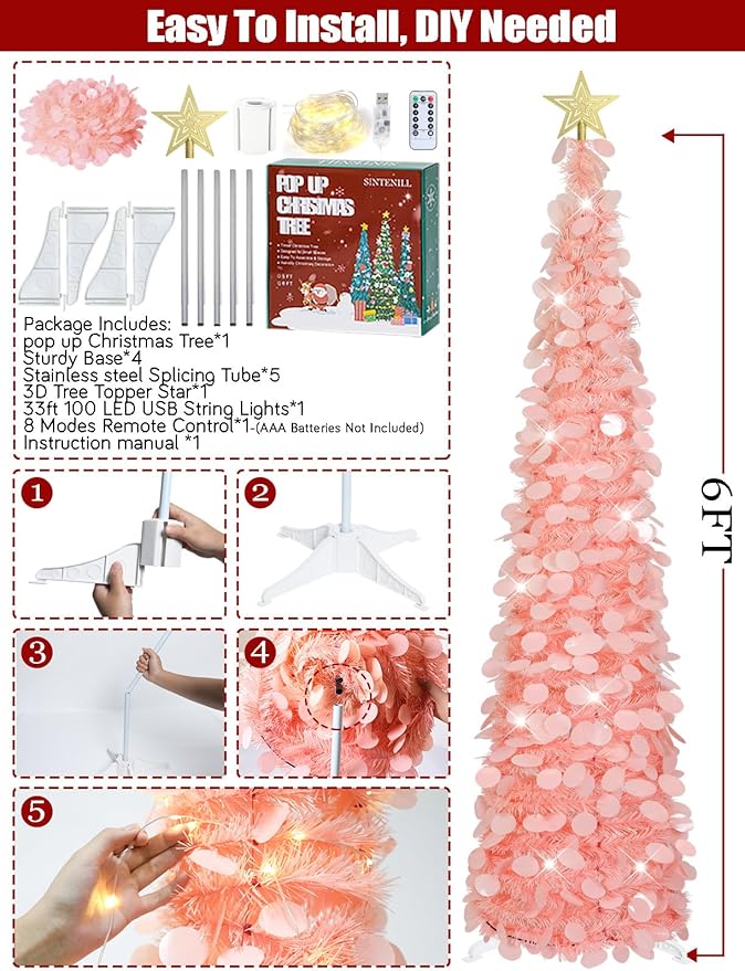 6 Ft Pop Up Christmas Tree With 100 Led Timer Lights & Remote, Pink Collapsible Christmas Tinsel Tree Artificial Pencil Tree Xmas Decoration For Holiday Home Office Party, Usb Powered
