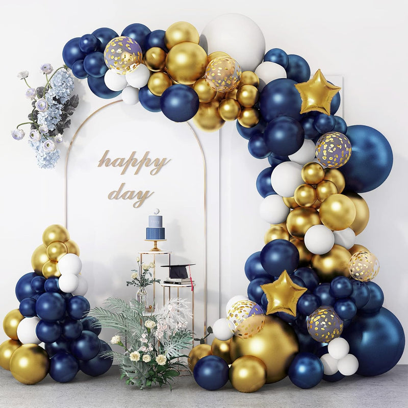 146Pcs Navy Blue And Gold Balloon Garland Arch Kit, Royal Blue White M