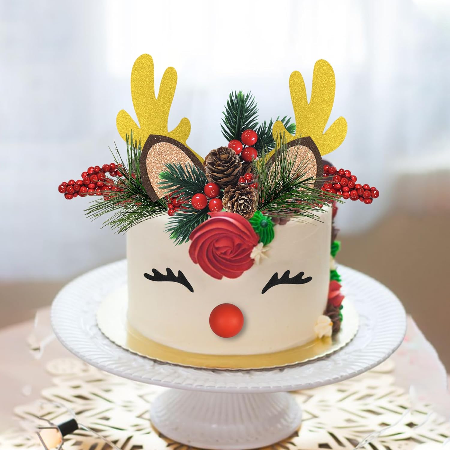 Christmas Cake Topper Decorations With Reindeer Eyelashes Ears For Merry Christmas Happy New Year Theme Decoration Supplies