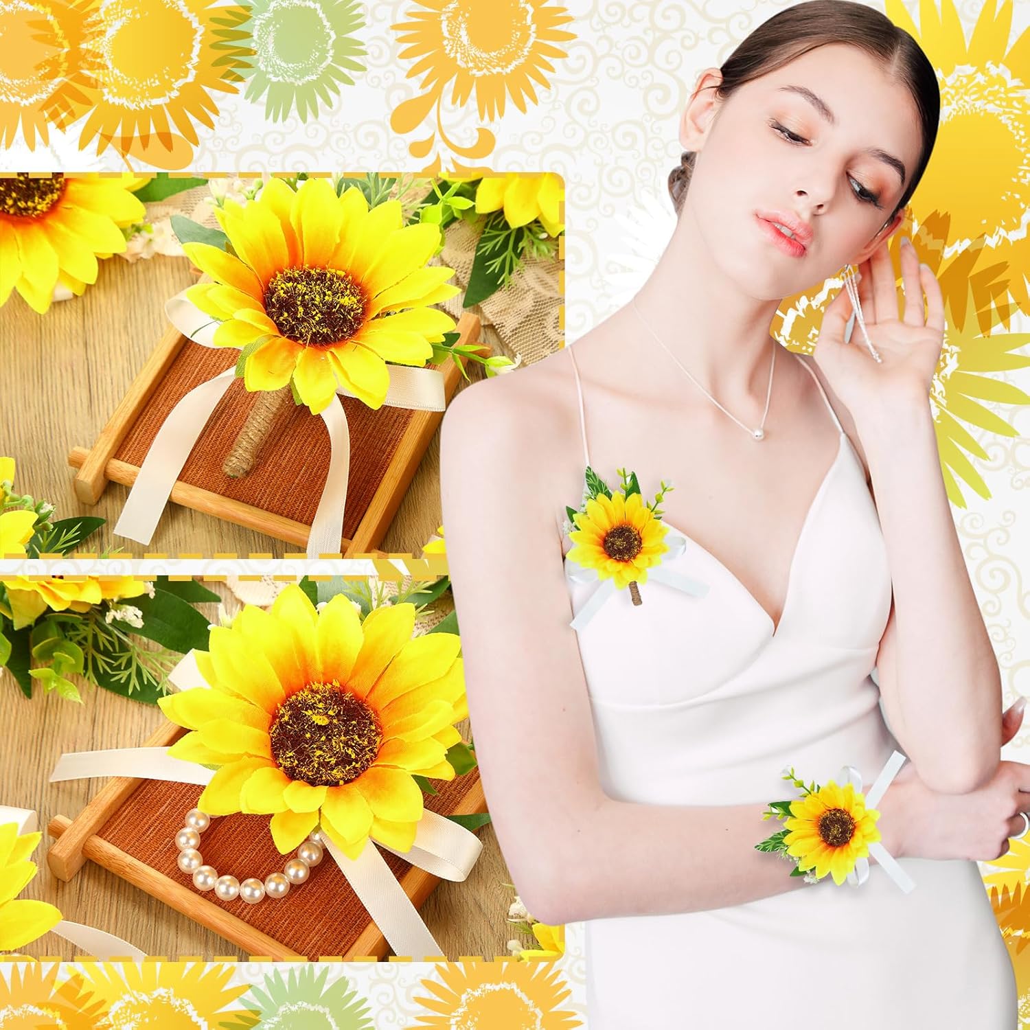 20 Pcs Sunflower Wrist Corsage And Boutonniere Set Including 10 Artificial Sunflower Boutonniere 10 Sunflower Corsage Wrist Flower For Prom Wedding Men Women Bride Groom Bridesmaid Formal Party