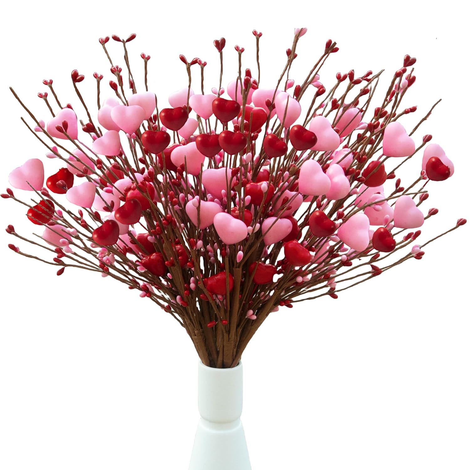 Valentine'S Day Picks, 12 Pieces Artificial Pink Heart Shaped Berry Branches, 17.7 Inch Valentine'S Day Heart Picks For Valentines Day Party, Wedding, Anniversary Table Decoration
