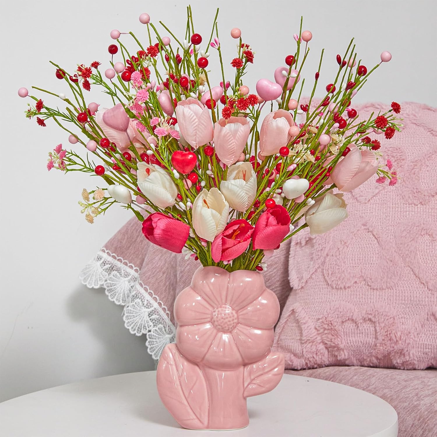 6Pcs Valentine'S Day Artificial Flowers, 15.7 Inch Tulip Heart Stems With Pink White Berries For Vase Centerpiece, Wedding Home Decor
