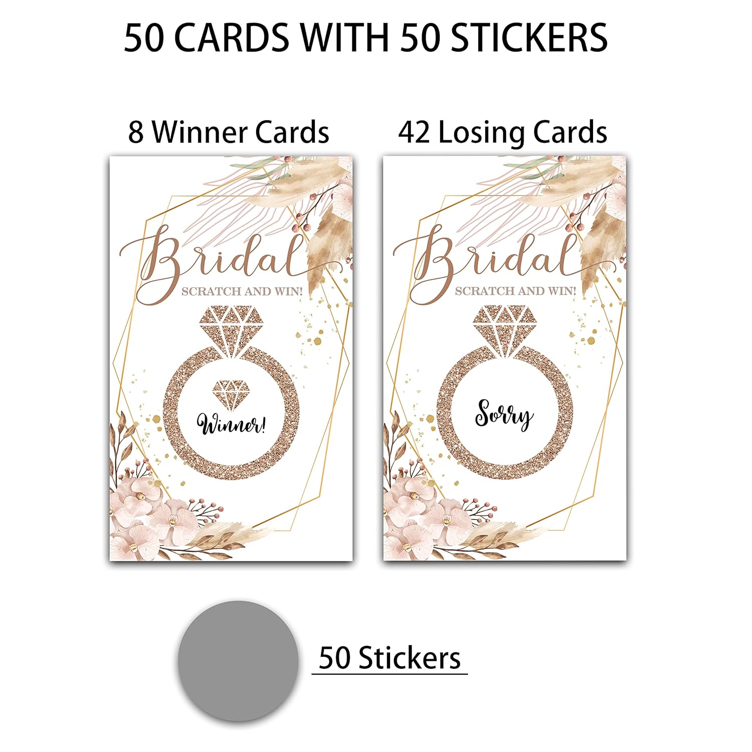 Bridal Shower Scratch Off Game Cards, Pampas Grass Greenery Bridal Lottery Tickets, Boho Floral Wedding Shower Games Ideas, Bachelorette Party Activities & Decorations (50 Pack)-09
