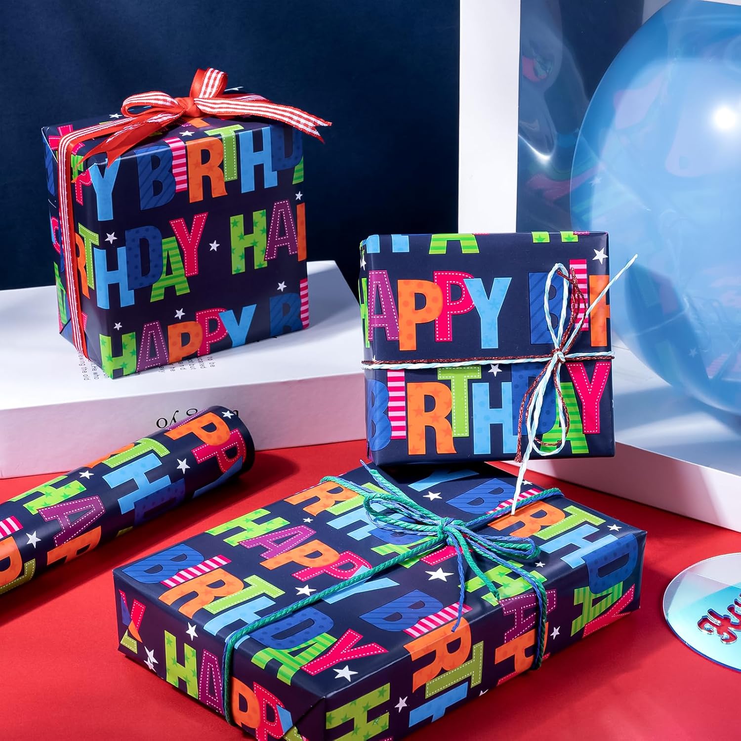 Birthday Wrapping Paper - Mini Roll - 17 Inch X 33 Feet - Blue Happy Bday Wrapping Paper For Kids Boys Adult Birthday, Baby Shower, Wedding
