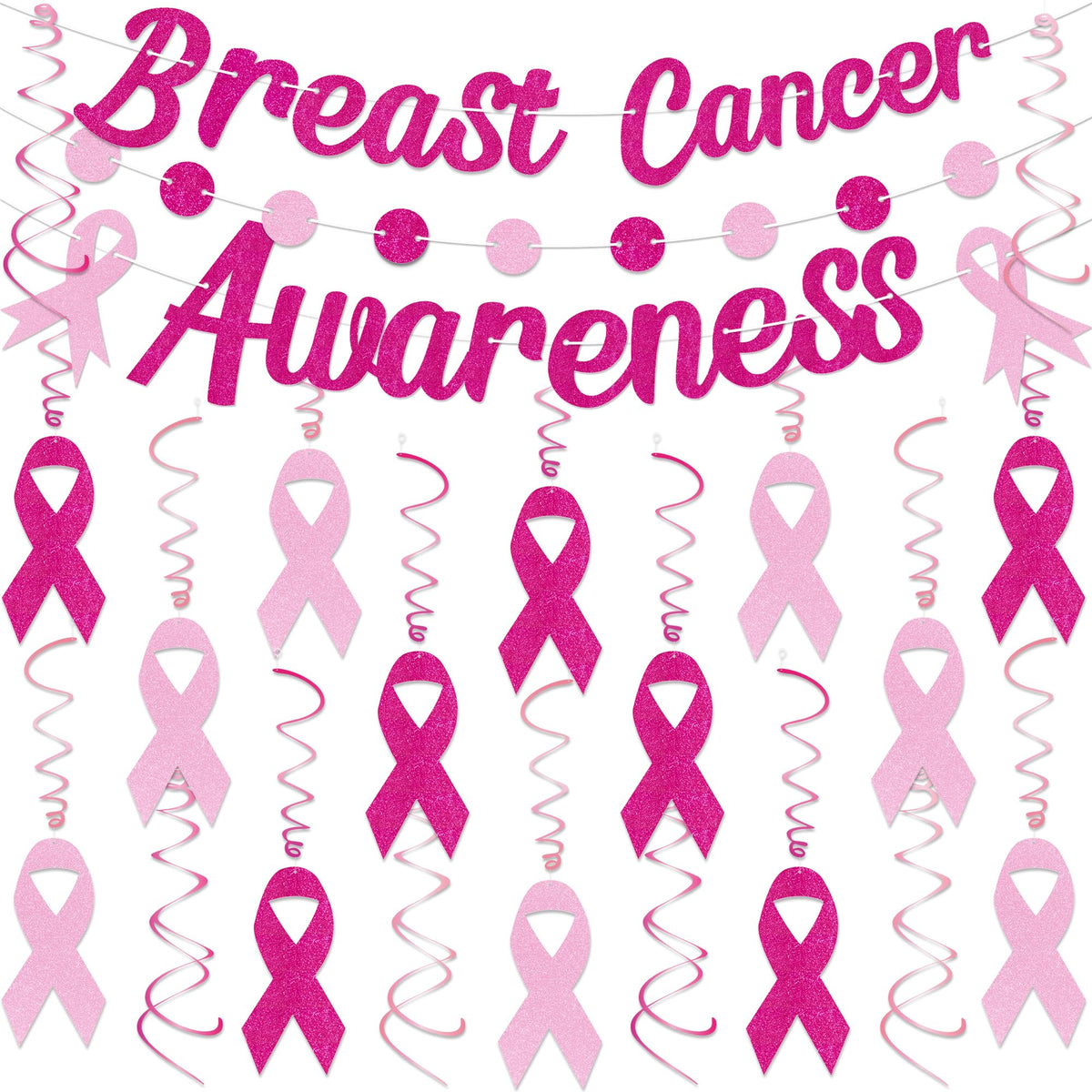 23Pcs Breast Cancer Awareness Decorations - Pink Ribbon Hanging Swirl Banner Accessories for Party Supplies Decor