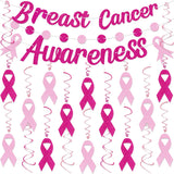 23Pcs Breast Cancer Awareness Decorations - Pink Ribbon Hanging Swirl Banner Accessories for Party Supplies Decor