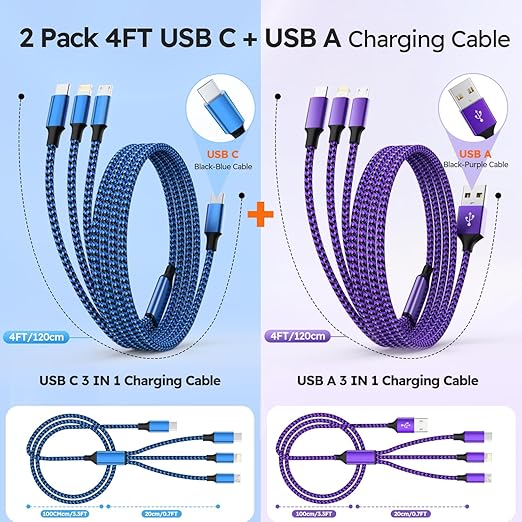 2 Pack 3 in 1 Multi Charging Cable USB A and USB C Universal Charger Cord 4FT for iPhone 17 16 15 iPad Galaxy Kindle