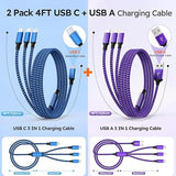 2 Pack 3 in 1 Multi Charging Cable USB A and USB C Universal Charger Cord 4FT for iPhone 17 16 15 iPad Galaxy Kindle