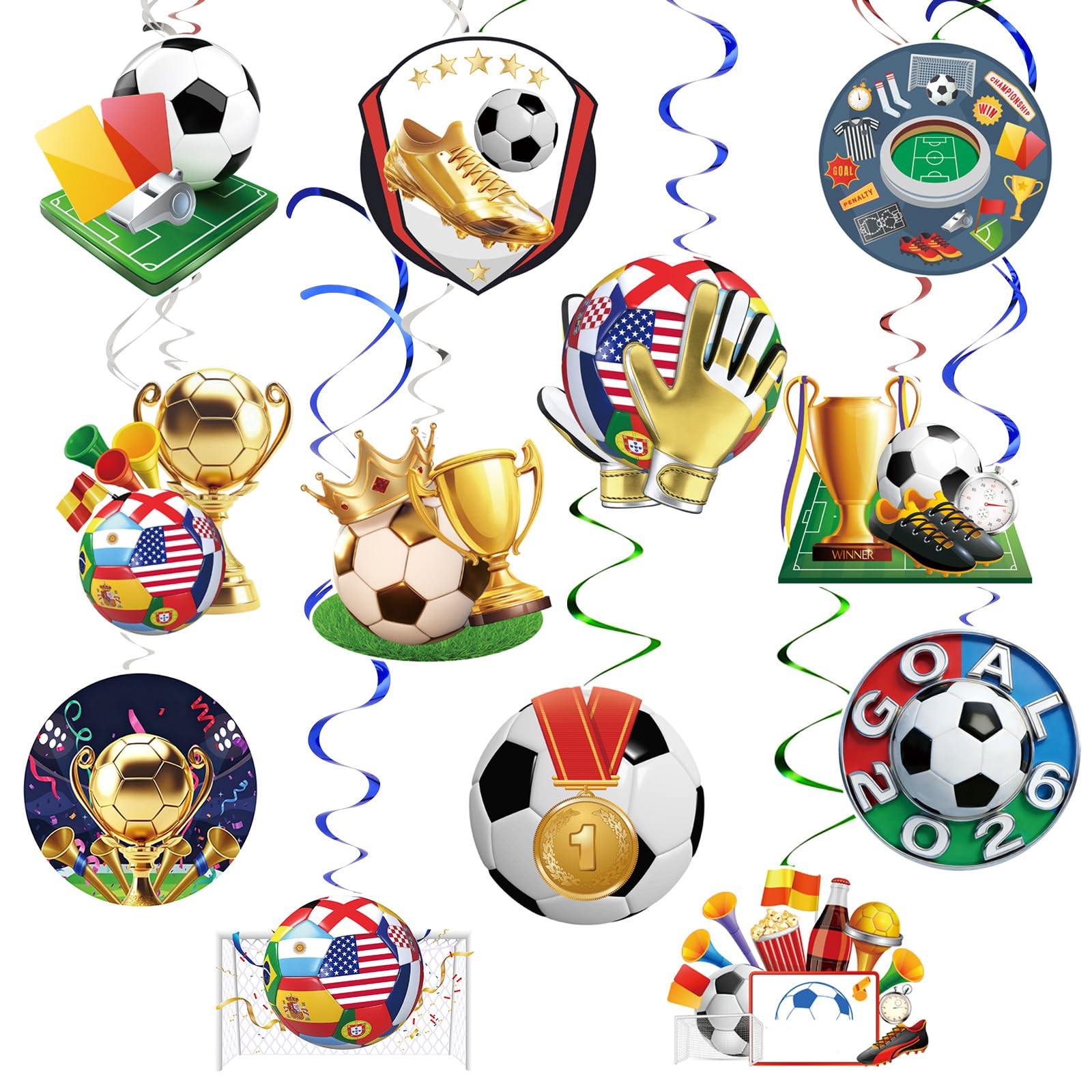 14pcs Soccer Hanging Swirls for Party Decorations, World Soccer Ceiling Hanging Swirl Banner for Soccer Birthday Party Home Sports Club Bar Decorations