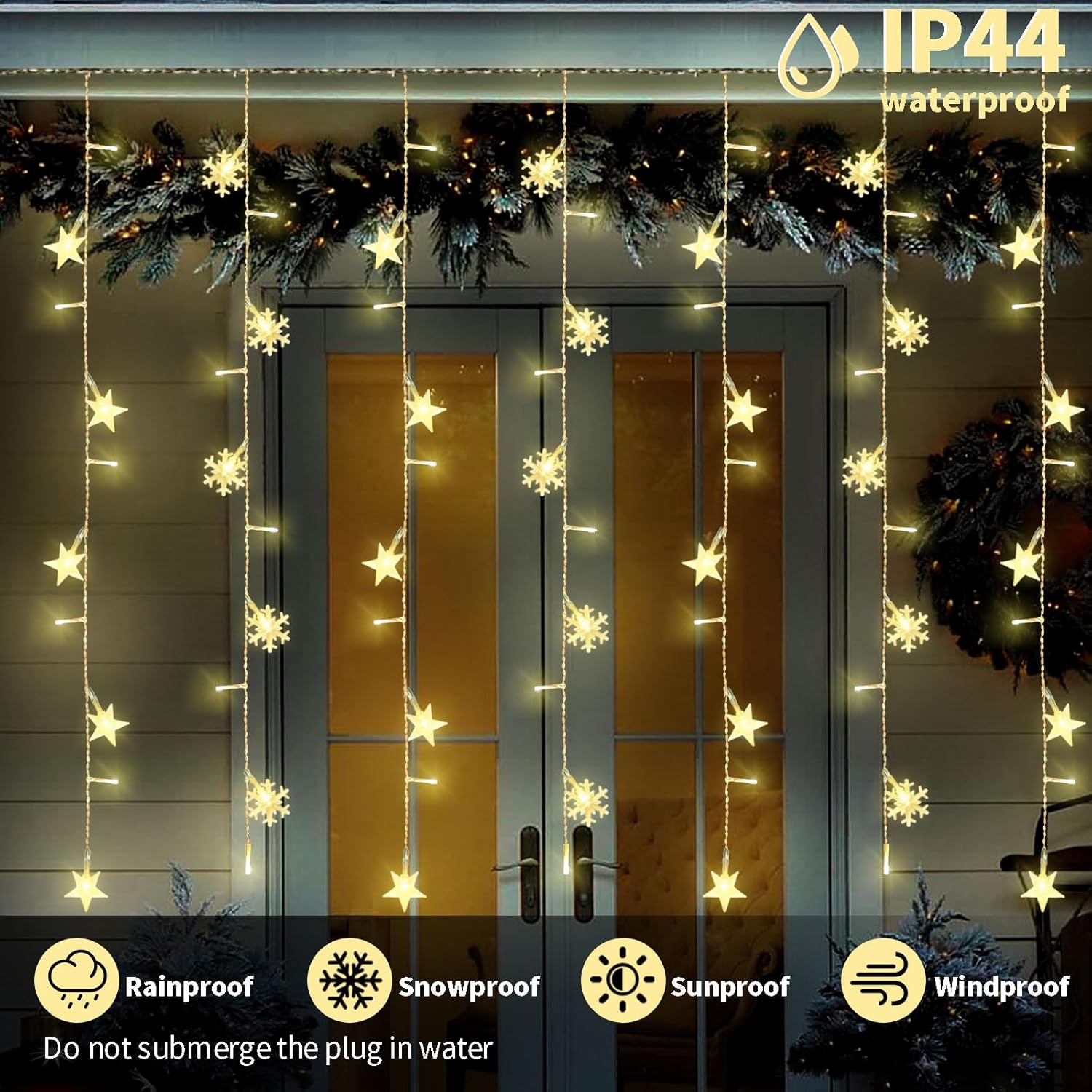 8 Modes Christmas Curtain String Lights With Snowflake And Star, Usb Plug In Wall Lights Christmas Decorations Indoor, X