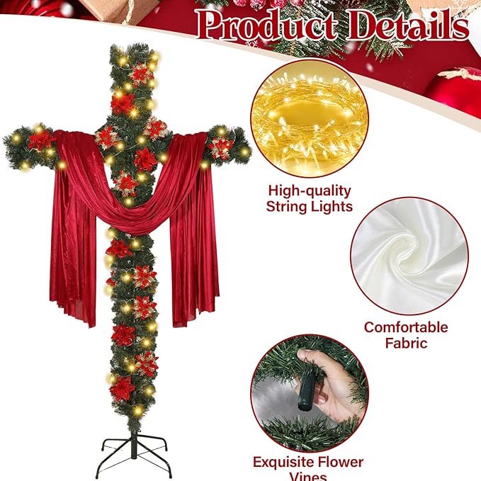 7Ft Artificial Christmas Cross Tree With A String Lights And A Red Silk Scarf Christmas Easter Decorations Jesus Christ Catholic Cross Decor He Is Risen Decorative Cross Tree For Outdoor Home Decor