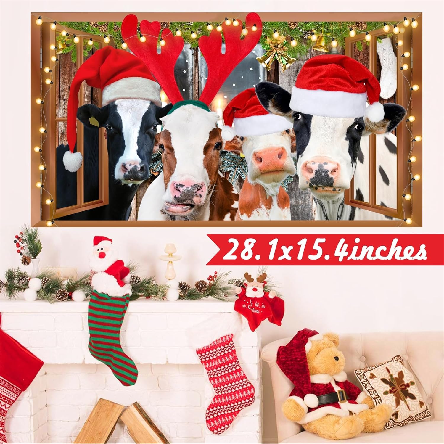 Funny Cow Wall Decals Christmas Wall Decoration Stickers Merry Christmas Vinyl Decal Peel And Stick 3D Fake Window Walls Sticker Cow Print Decor Farmhouse Animals Art Murals For Living Room Kitchen