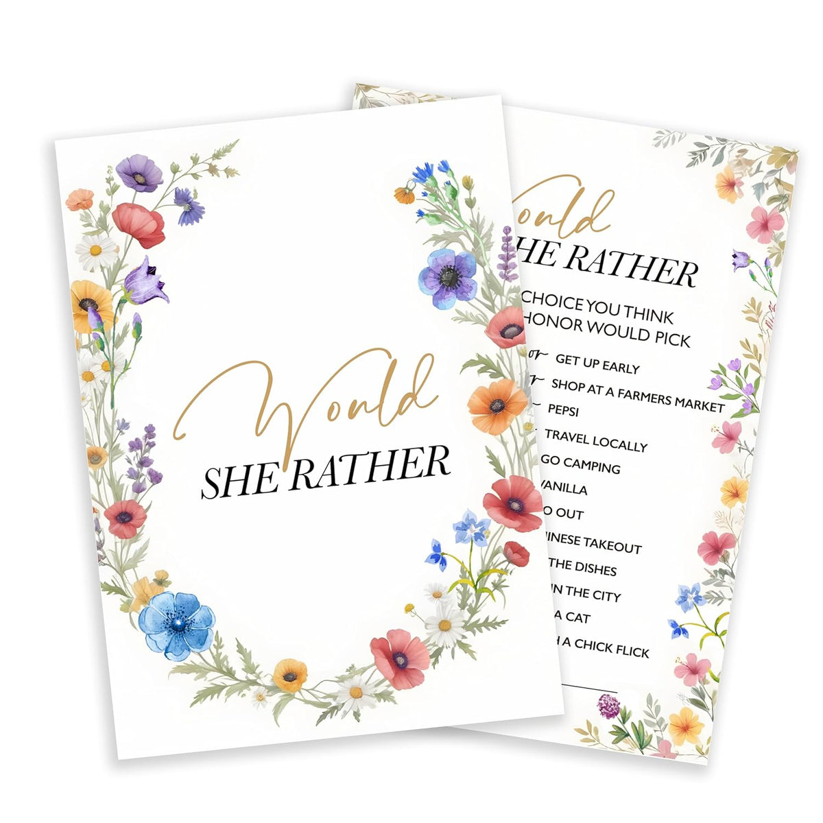 Wildflowers Wedding Games Cards, Would She Rather Games, Spring Flowers Theme Bridal Shower Game, Bachelorette Party Supplies Engagement Party Favors, Boho Bridal Shower Decorations -04