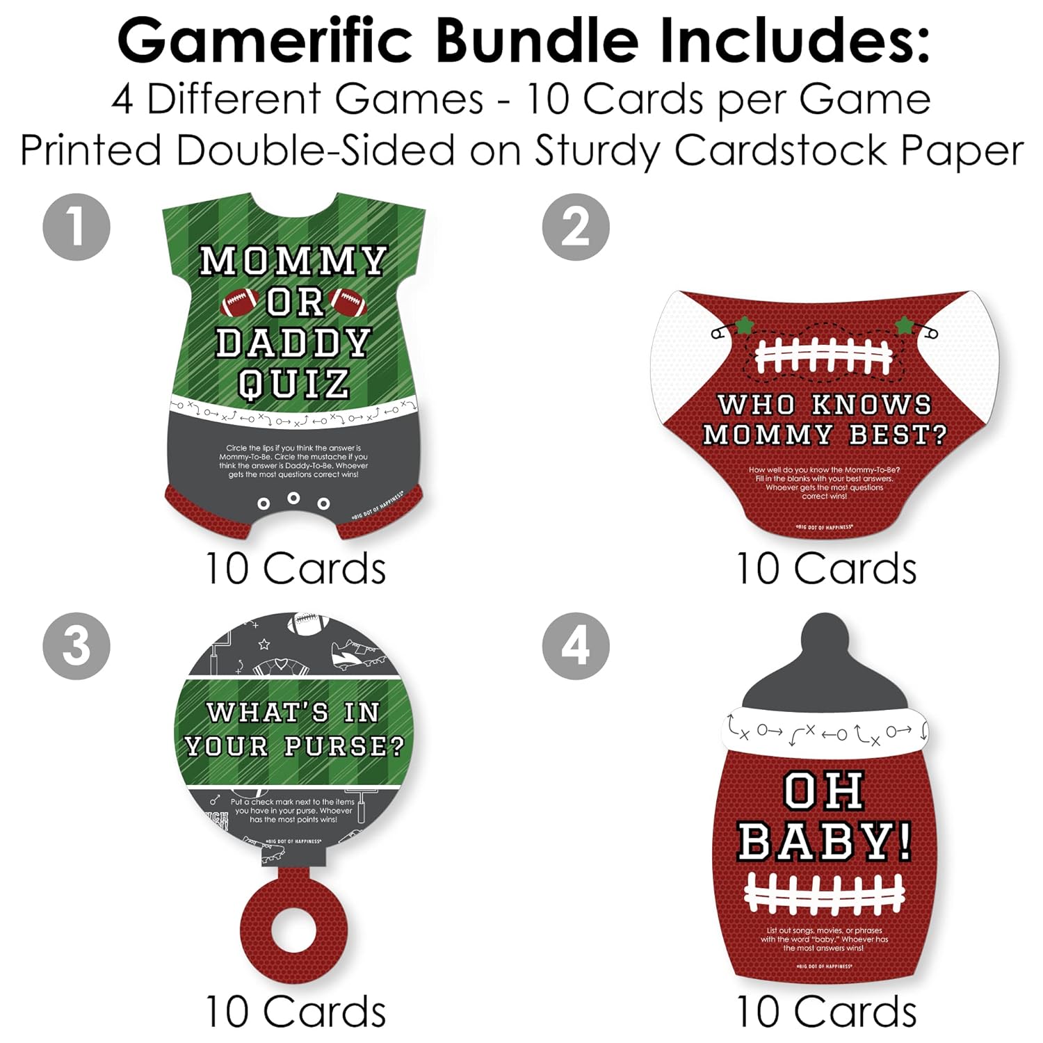 Big Dot of Happiness End Zone - Football - 4 Baby Shower Games - 10 Cards Each - Gamerific Bundle