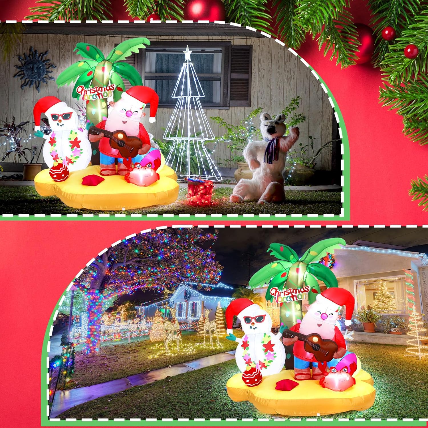 Christmas In July Santa Inflatables Decorations, 7 Ft Hawaiian Beach Vacation Snowman Outdoor Decorations, Build In Led