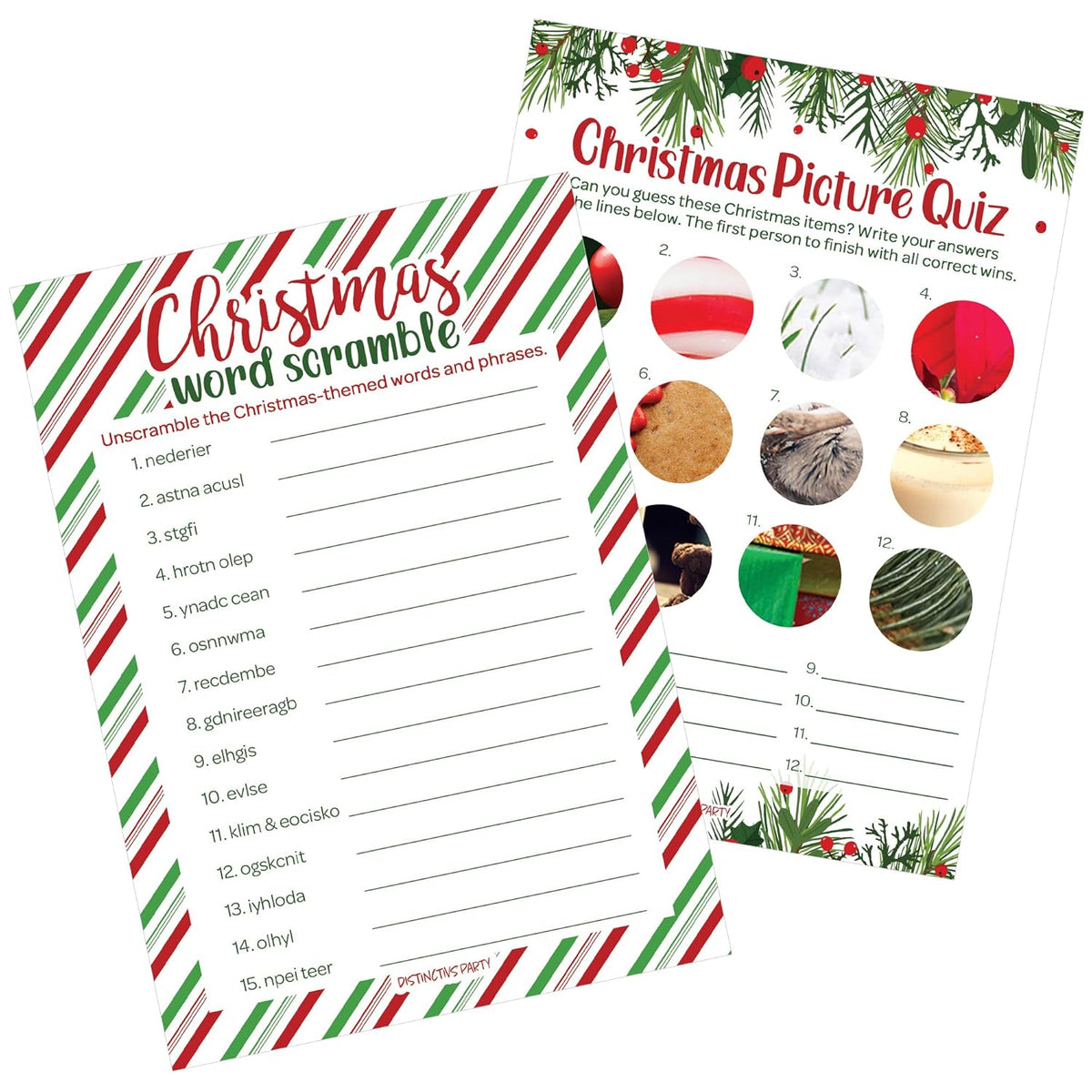 Christmas Party Games, Festive Holiday Word Scramble And Christmas Picture Quiz (2 Game Bundle) - 25 Dual Sided Cards