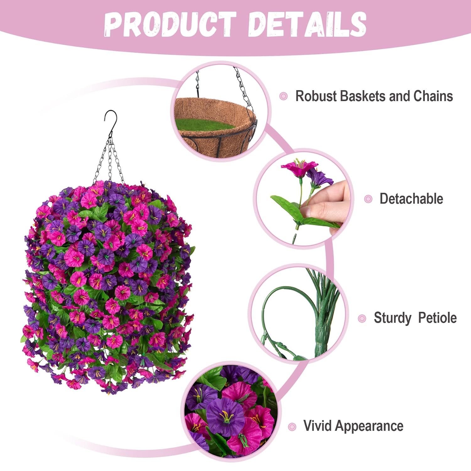 Artificial Flowers With Hanging Basket, Outdoor Faux Plants Silk Morning Glory Vines, Fake Green Arrangement For Garden Patio Spring Summer Decor(Purple Red Violet)