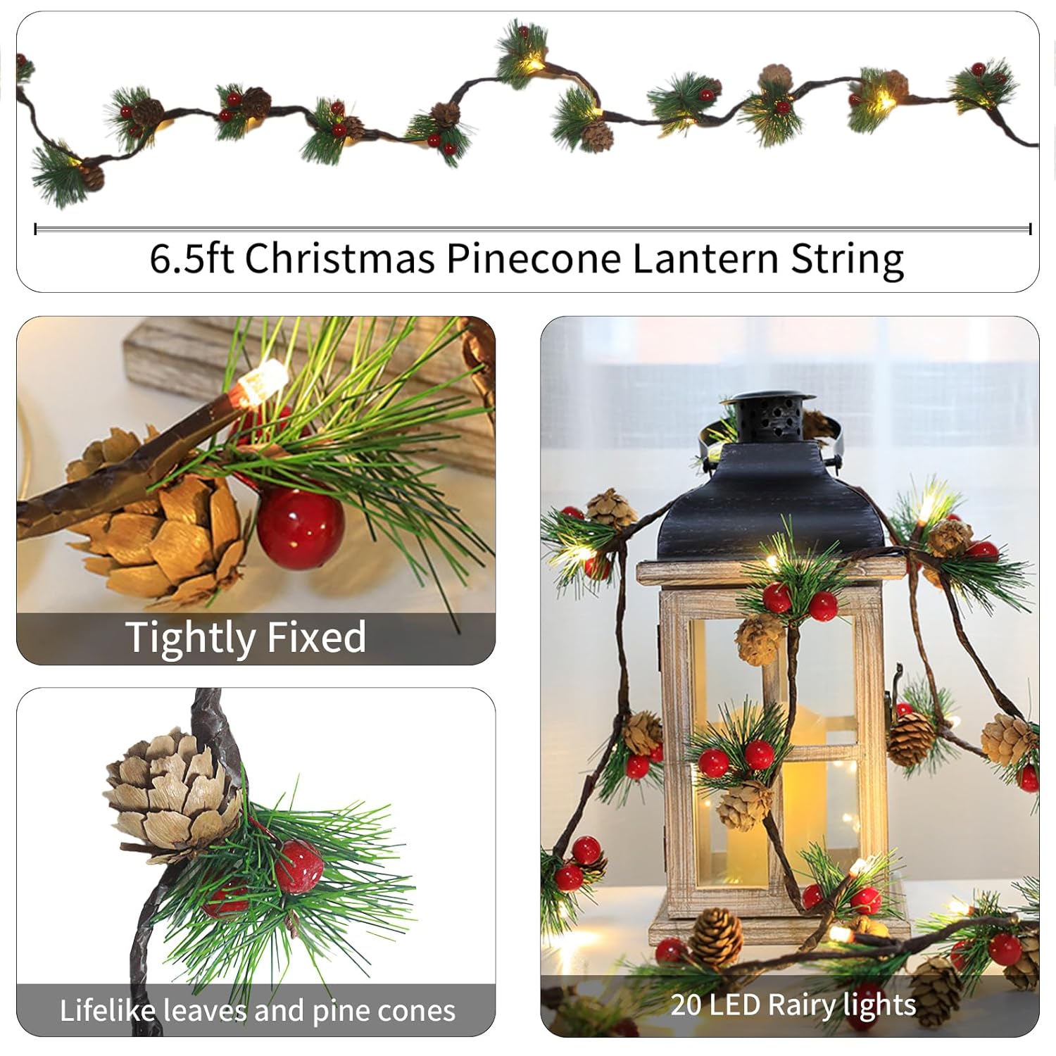 Christmas Simulated Pine Needle Lights,78 Inch 20 Led Pinecone String Lights, Copper Wire String Lights For Bedroom, Roo