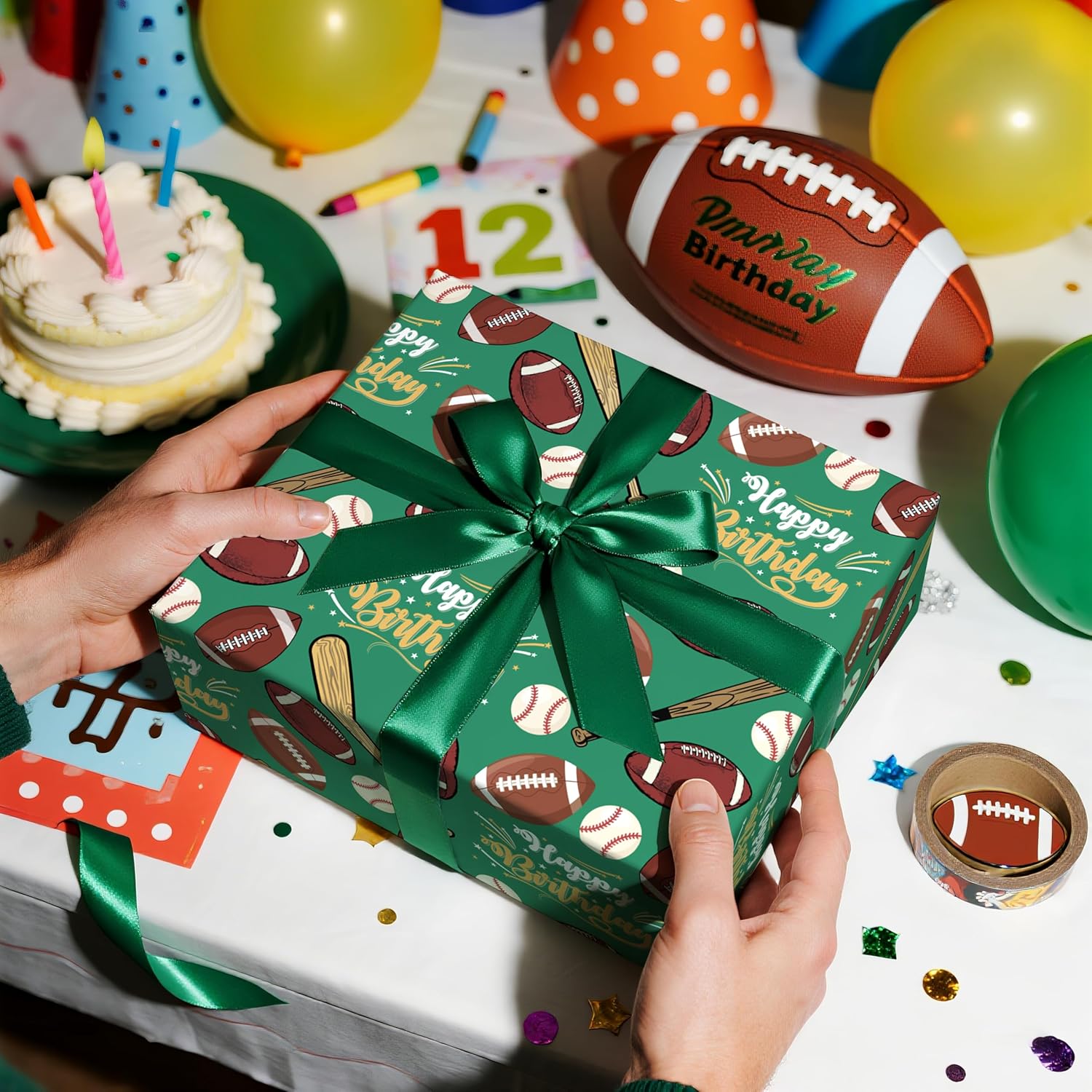 Sports Birthday Wrapping Paper Roll, Football & Baseball Gift Wrap With Happy Birthday Text In Green, Fun Sports Theme For Boys Kids Party Celebration, Mini Roll 17 Inches X 9.8 Feet