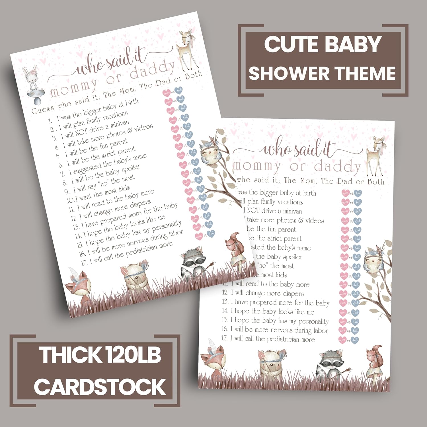 Woodland Baby Shower Games For Girl - 25 Guess Who Mommy Or Daddy Game Cards, Fun Guessing Activities For Guests Prizes, Boho Animals Theme Neutral Pink, 25 Cards