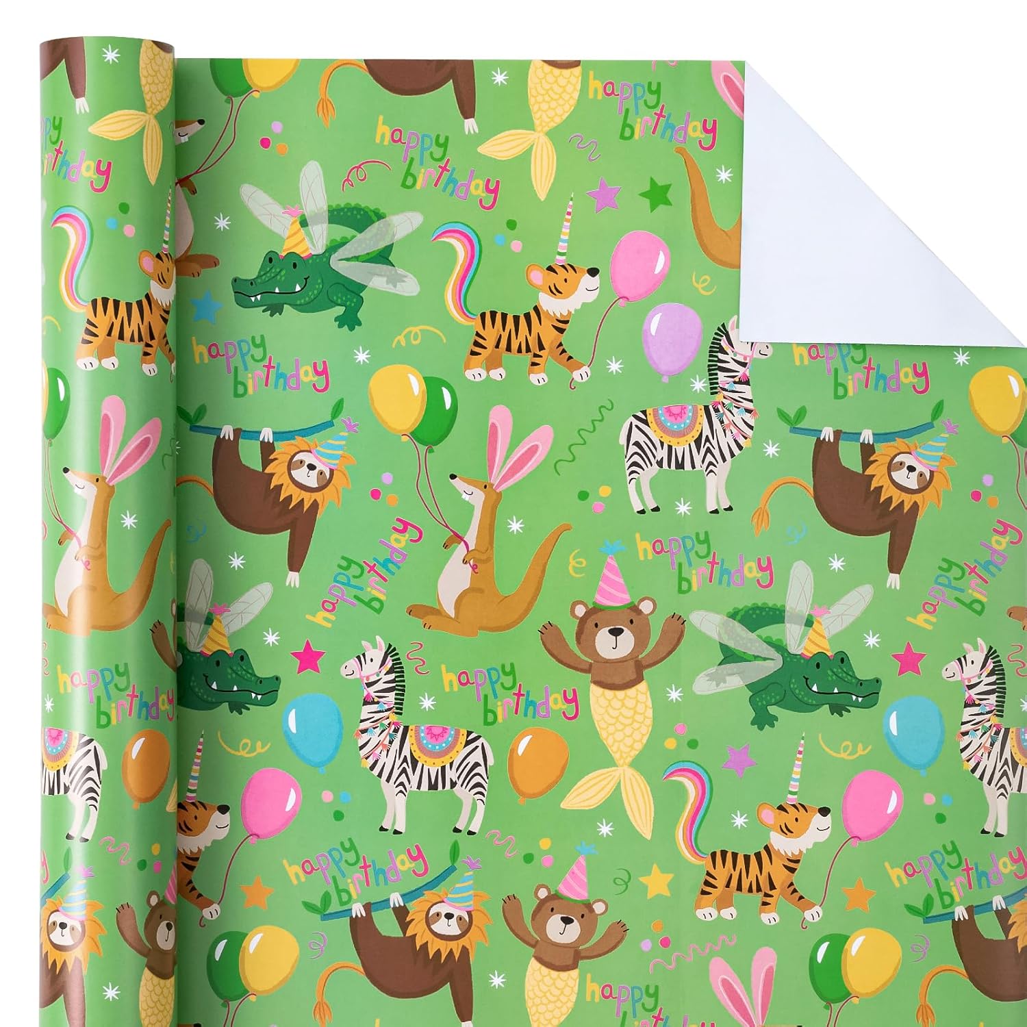 Animal Kids Birthday Wrapping Paper Roll - Mini Roll - 17 Inch X 33 Feet - Baby Animal Bday Design, Perfect For Birthday, Party, Holiday